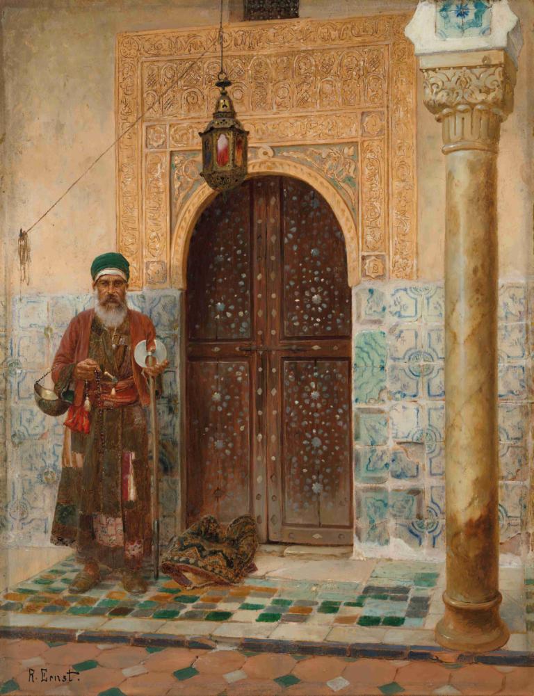 A holy man by an entrance,Rudolf Ernst,Oil Painting,Oil Painting, 1boy, male focus, facial hair, solo, beard