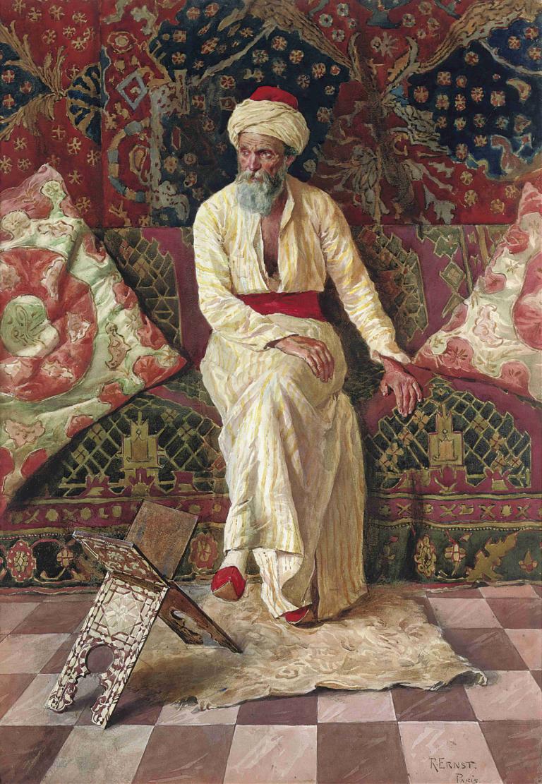 A pensive elder,En ettertenksom eldstemann,Rudolf Ernst,Oljemaleri,Oljemaleri, gammel, sitter, solo, 1 gutt