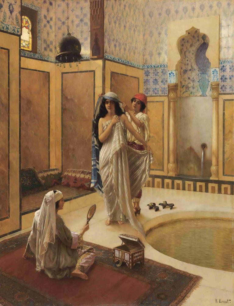 After The Bath,浴后,Rudolf Ernst,鲁道夫-恩斯特,油画,油画, 美术模仿, 镜子, 黑发, 戏仿, 长发, 多个女孩, 赤脚, 裙子, 坐着, 绘画（物体）, 2个女孩, 在室内, 实际的