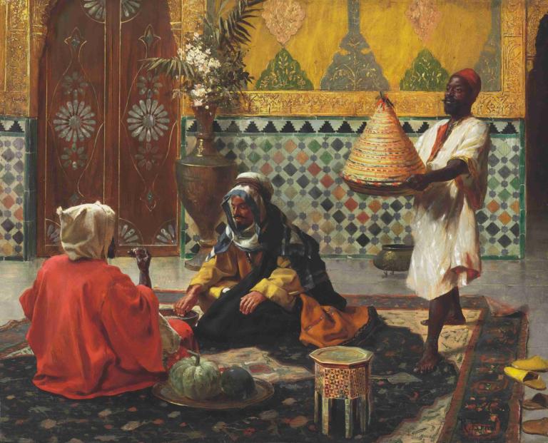 An Afternoon Discussion,下午的讨论,Rudolf Ernst,鲁道夫-恩斯特,油画,油画, 美术模仿, 坐着, 长袍, 多个男孩, 在室内, 小地毯, 保持, 赤脚, 地毯, 常设, 长袖