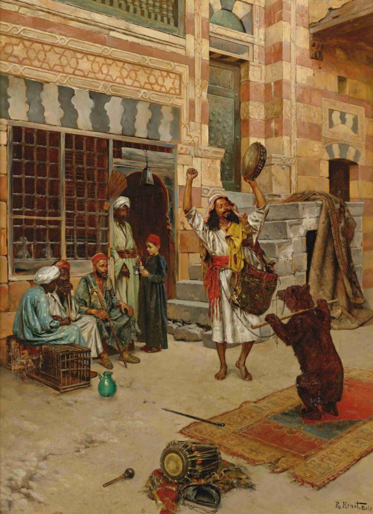 An Afternoon Show,午后表演,Rudolf Ernst,鲁道夫-恩斯特,油画,油画, 多个男孩, 帽子, 多个女孩, 赤脚, 坐着, 保持, 常设, 老的, 户外, 裙子, 长袍, 长发, 黑发, 建筑