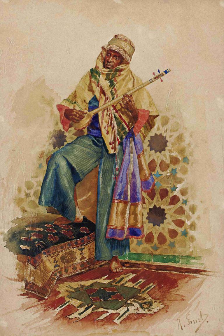 An Arab Musician,아랍 음악가,Rudolf Ernst,루돌프 에른스트,오일 페인팅,오일 페인팅, 1남, 독주, 남성 집중, 미술 패러디, 오래된, 전통 미디어, 맨발, 회화 (중)