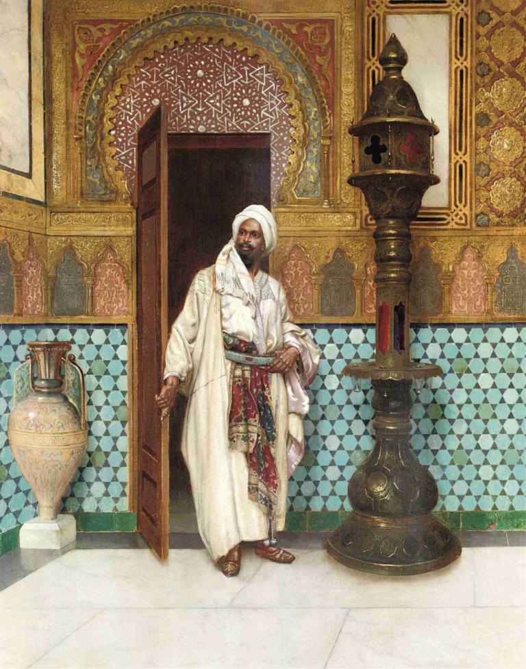 An elegant chieftain in his palace,Rudolf Ernst,Oil Painting,Oil Painting, dark skin, male focus, 1boy, solo