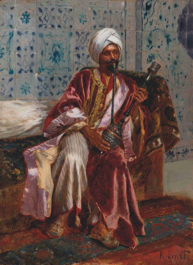 Arab smoking a nargilah,Rudolf Ernst,Oil Painting,Oil Painting, 1boy, male focus, solo, facial hair, sitting