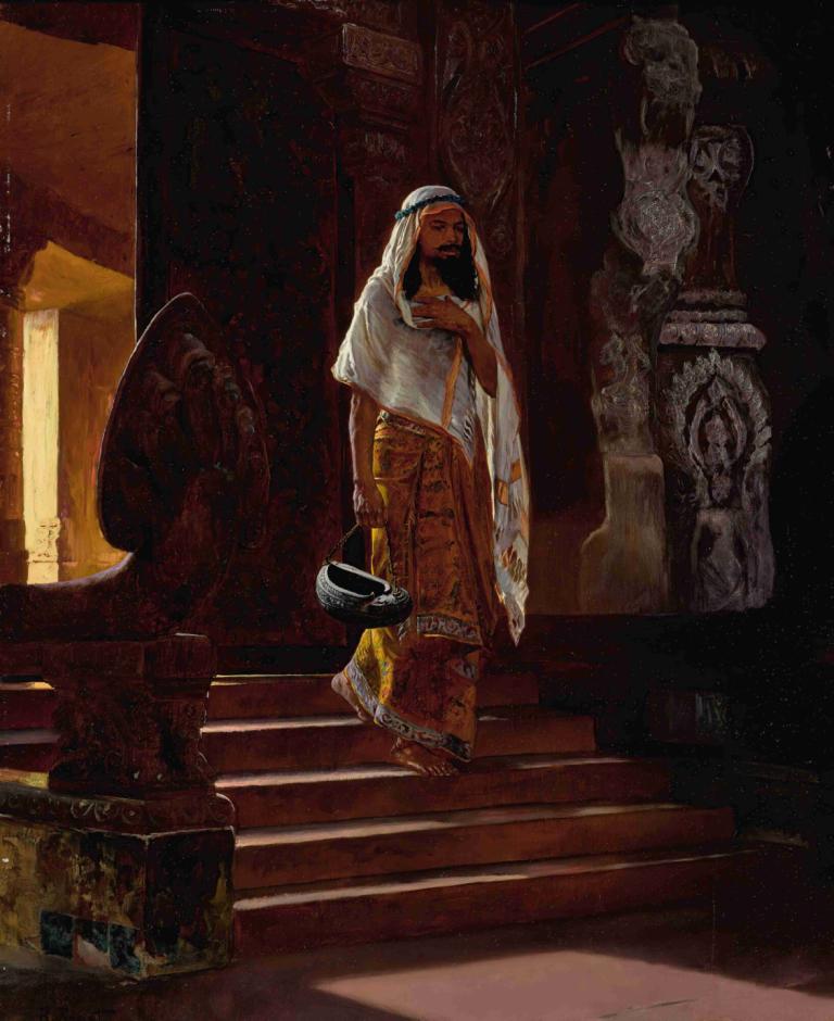 Entering The Temple,Rudolf Ernst,Oil Painting,Oil Painting, stairs, solo, 1girl, black hair, dark skin