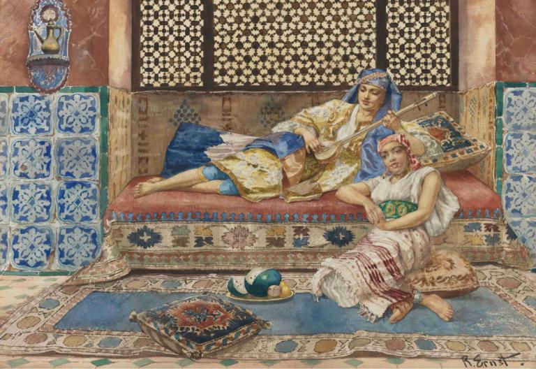 Harem song,Rudolf Ernst,Oil Painting,Oil Painting, fine art parody, multiple boys, 2boys, barefoot