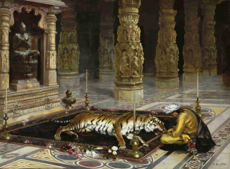 Honoring the Tiger,Rudolf Ernst,Oil Painting,Oil Painting, pillar, tiger, statue, column, 1boy