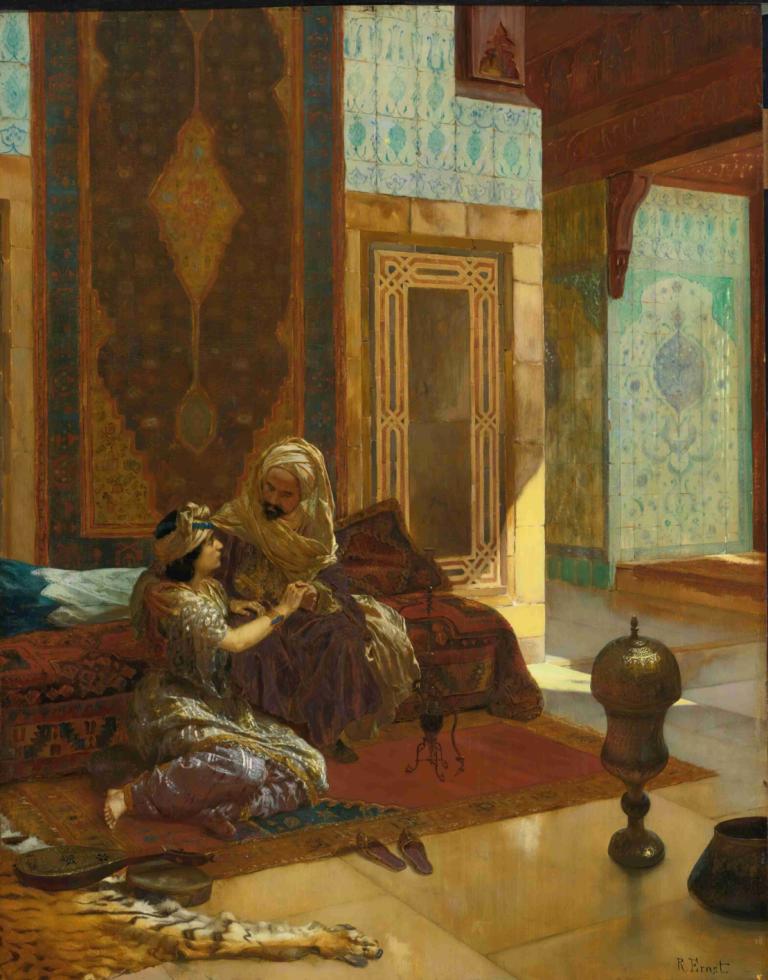 La Favorite,Favoritten,Rudolf Ernst,Oliemaleri,Oliemaleri, flere piger, 2 piger, kjole, sort hår, indendørs