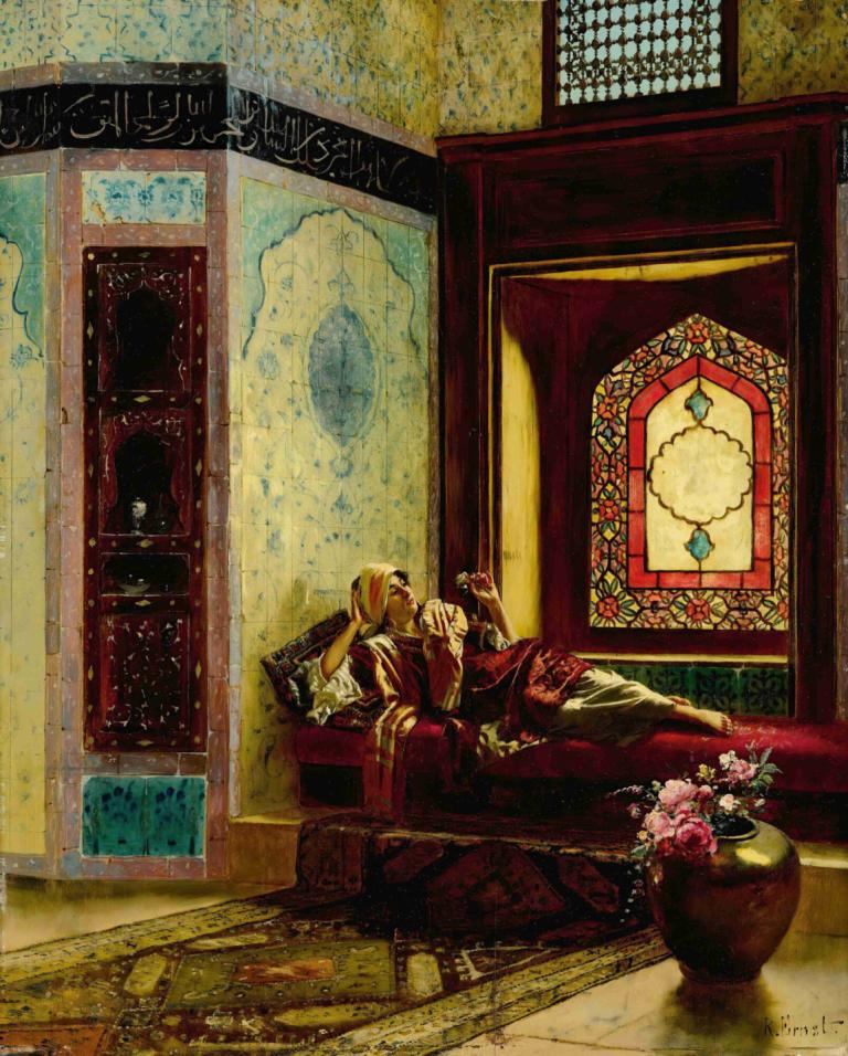 Languorous oriental lady with a rose,Rudolf Ernst,Oil Painting,Oil Painting, couch, flower, 1boy, blonde hair