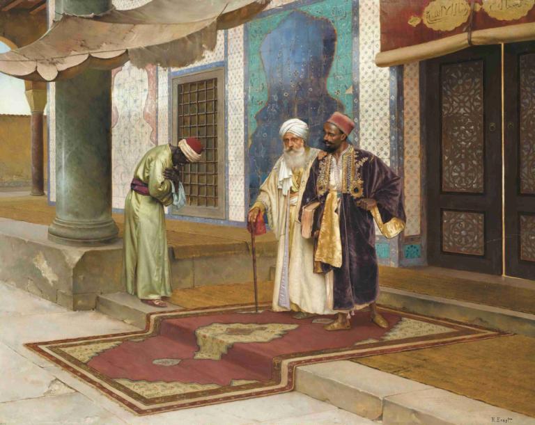 Leaving The Mosque,Rudolf Ernst,Oil Painting,Oil Painting, multiple boys, robe, old, cane, hat, old man