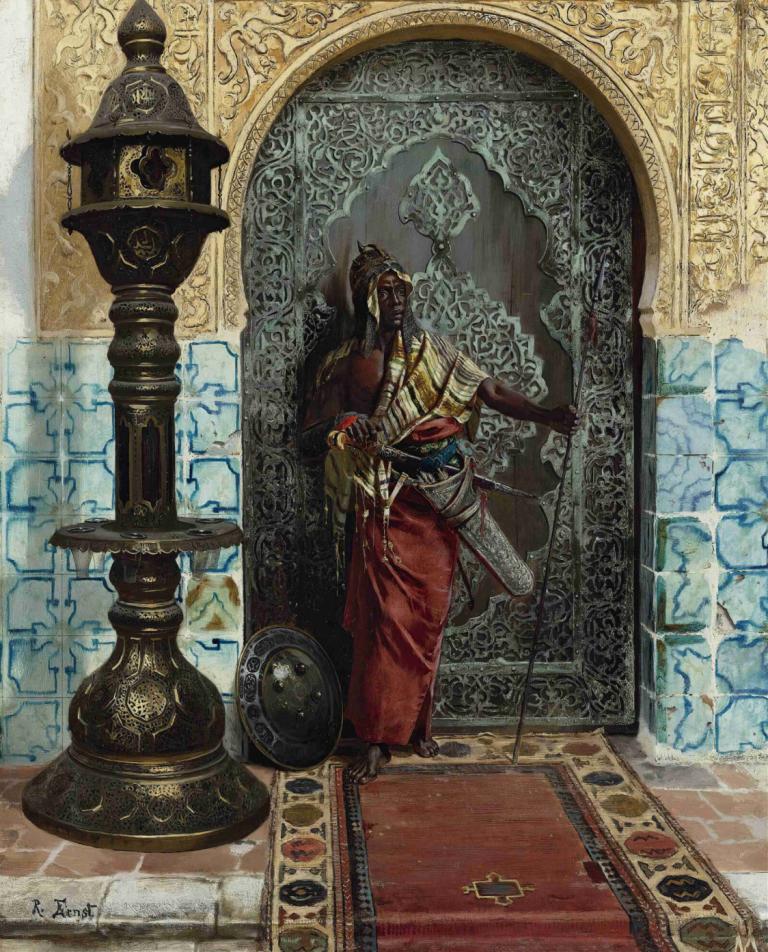 Nubian Guard,Rudolf Ernst,Oil Painting,Oil Painting, solo, male focus, 1boy, weapon, armor, standing