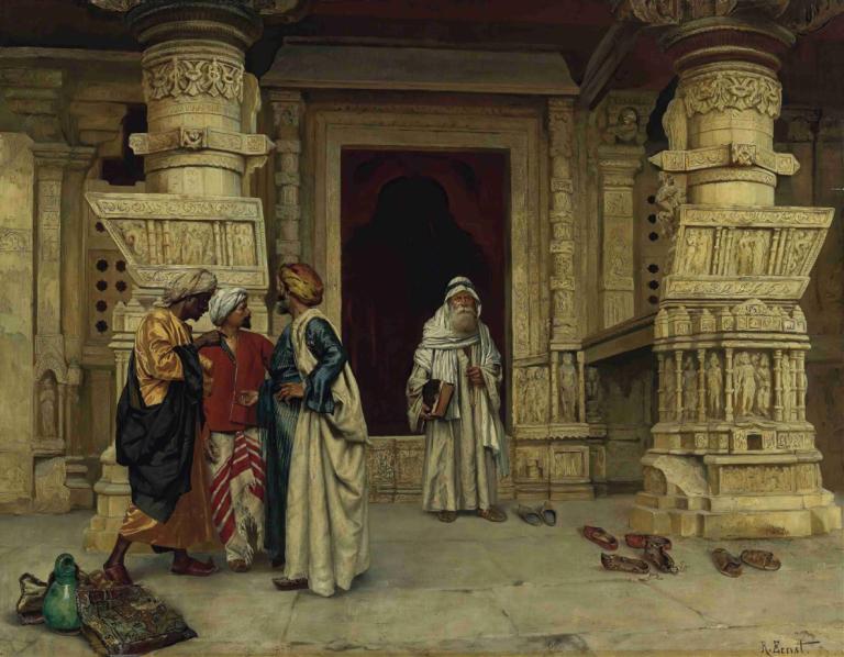 Outside The Mosque,Rudolf Ernst,Oil Painting,Oil Painting, robe, multiple boys, statue, walking, pillar