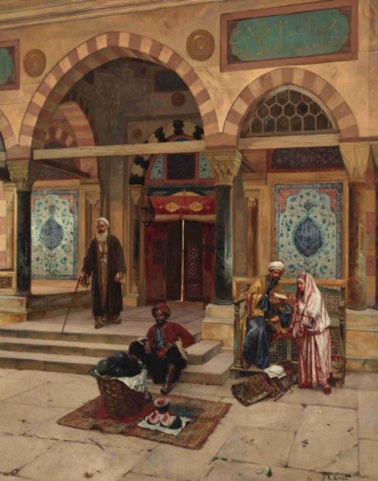 Outside The Mosque,Rudolf Ernst,Oil Painting,Oil Painting, multiple boys, robe, sitting, 3boys