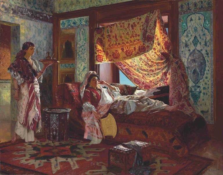 Taking Tea In The Harem,ハーレムでお茶を飲む,Rudolf Ernst,ルドルフ・エルンスト,油絵,油絵, 複数の女の子, カーテン, 屋内で, ソファー, 長い髪, 女の子2人, カーペット