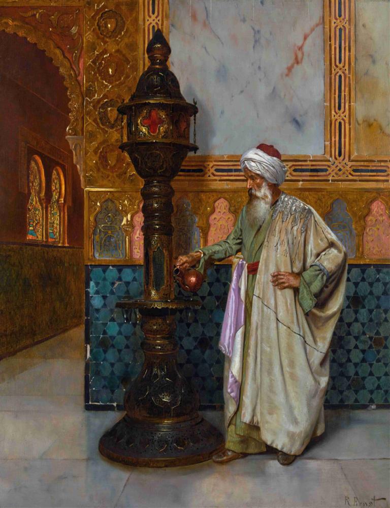 Tending The Lamp,Rudolf Ernst,Oil Painting,Oil Painting, old, old man, male focus, 1boy, facial hair, solo