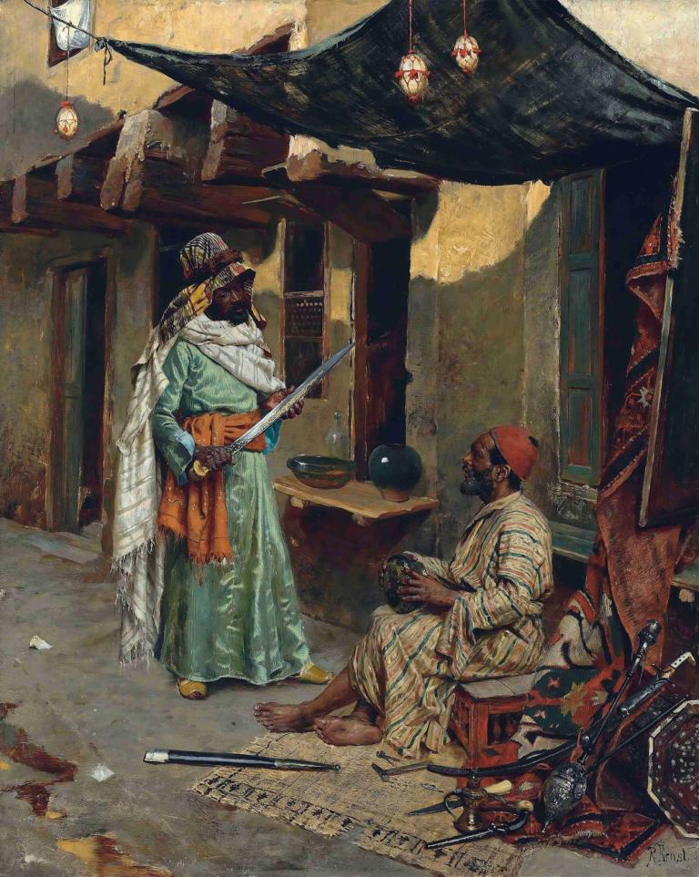 The Arms Merchant,Rudolf Ernst,Oil Painting,Oil Painting, sword, weapon, cape, multiple boys, holding