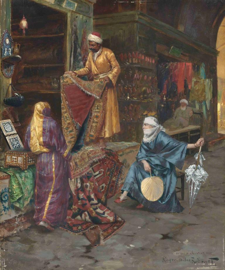 The Carpet Seller,Rudolf Ernst,Oil Painting,Oil Painting, hand fan, holding, robe, umbrella, fine art parody