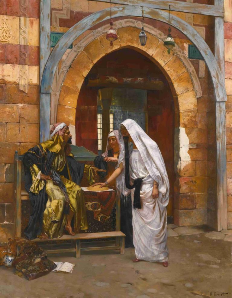 The Fortune Teller,Rudolf Ernst,Oil Painting,Oil Painting, fine art parody, robe, 1girl, multiple boys