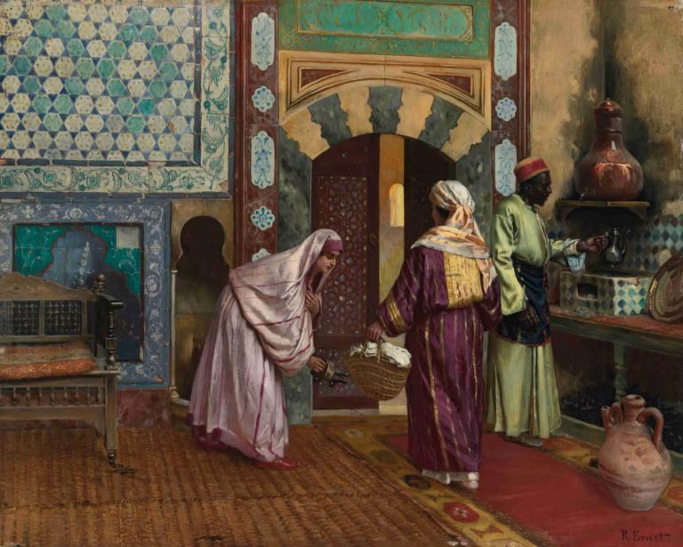 The Hammam,ハマム,Rudolf Ernst,ルドルフ・エルンスト,油絵,油絵, 屋内で, 複数の男の子, 美術パロディ, ティーポット, カーペット, 帽子, ホールディング, 立っている