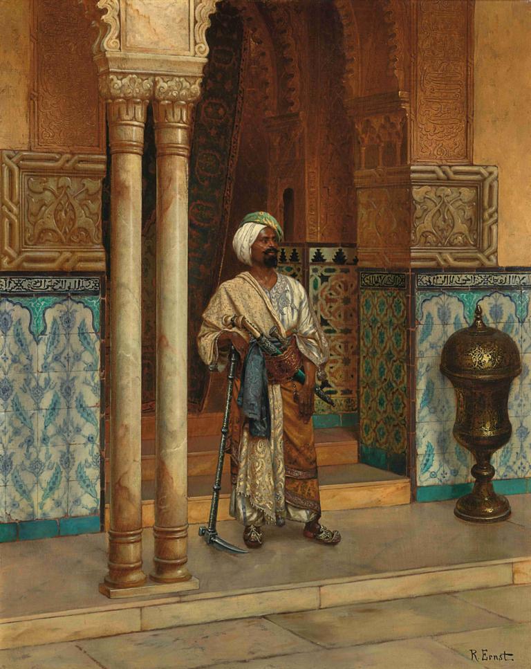 The Palace Guard,Palačna straža,Rudolf Ernst,Oljna slika,Oljna slika, temna koža, 1 fant, moški fokus, solo