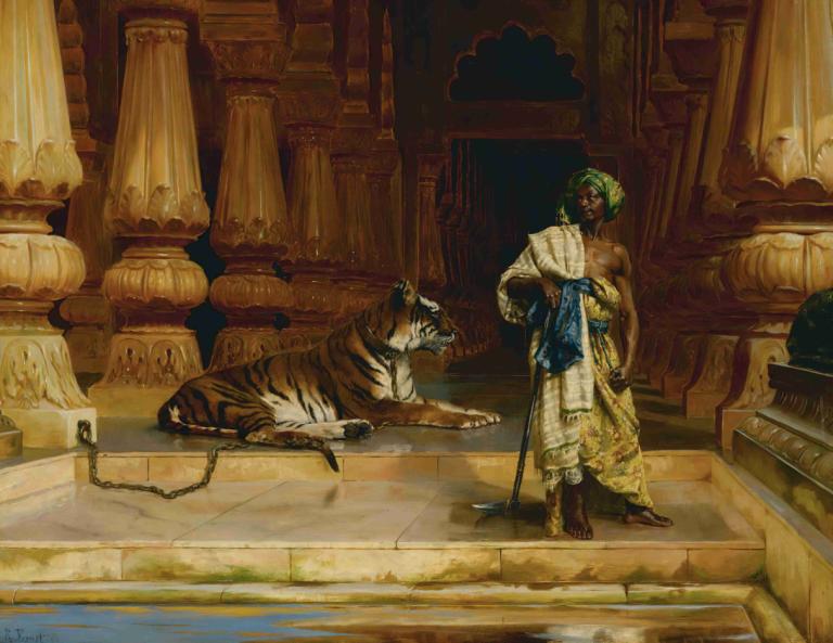 The Palace Guards,Rudolf Ernst,Oil Painting,Oil Painting, 1boy, fine art parody, male focus, dog, weapon