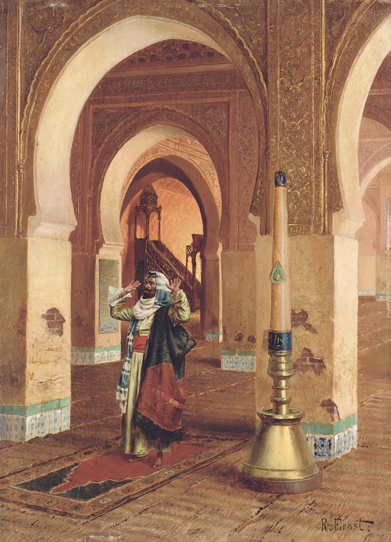 The Prayer,Bønnen,Rudolf Ernst,Oliemaleri,Oliemaleri, solo, søjle, rustning, stående, våben, Underskrift