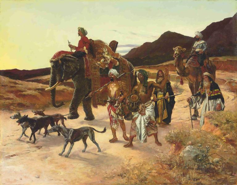 The Tiger Hunt,Tigerjagten,Rudolf Ernst,Oliemaleri,Oliemaleri, våben, flere drenge, ørken, hest, sværd