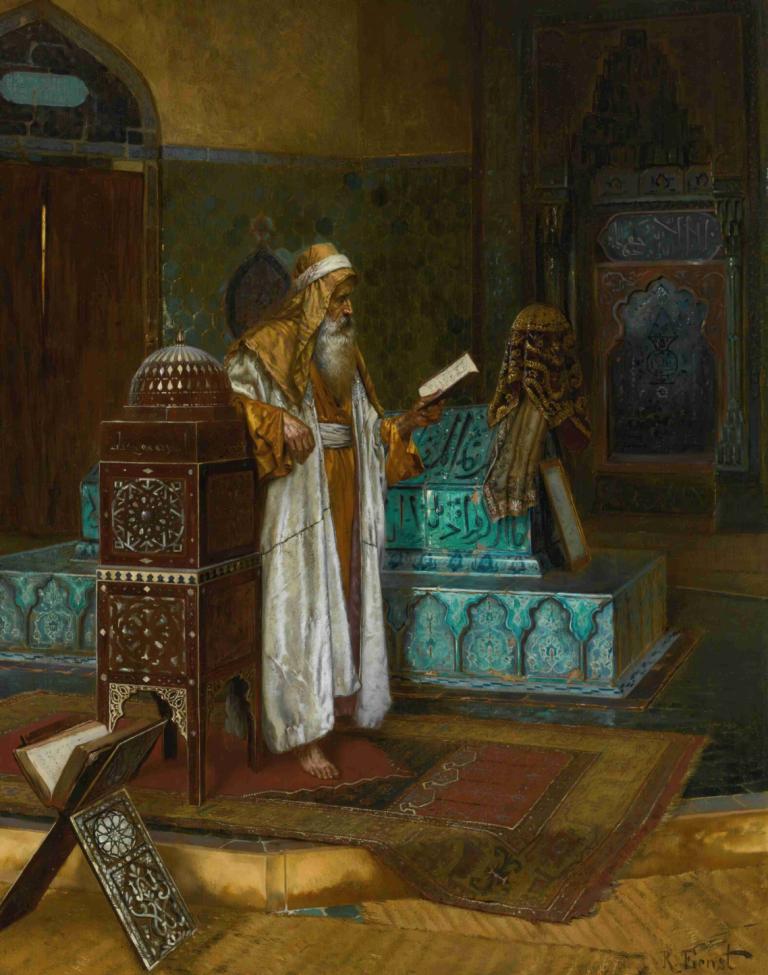 The Tomb Of Sultan Mehmet I,술탄 메흐메트 1세의 무덤,Rudolf Ernst,루돌프 에른스트,오일 페인팅,오일 페인팅, 옷, 1남, 오래된, 실내, 책, 독주, 남성 집중