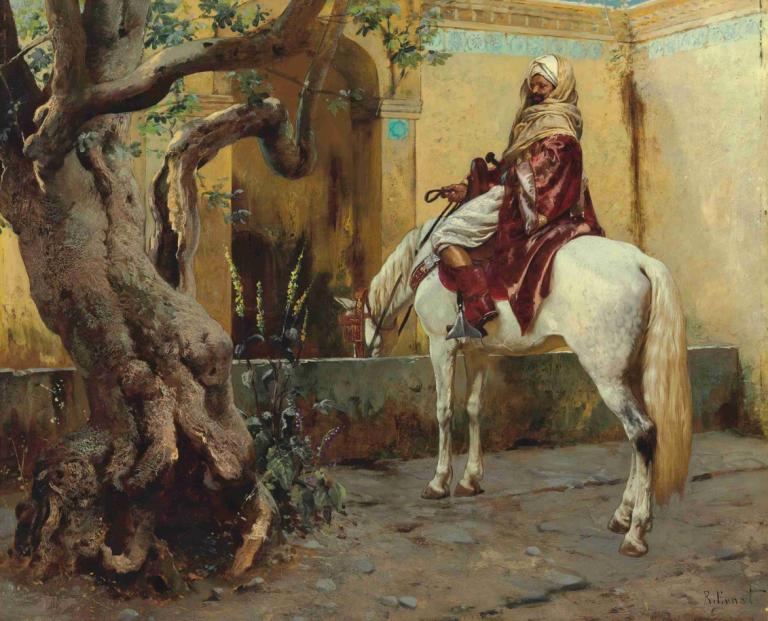 The Watering Hole,Le point d'eau,Rudolf Ernst,Peinture à l'huile,Peinture à l'huile, 1garçon, arbre, solo