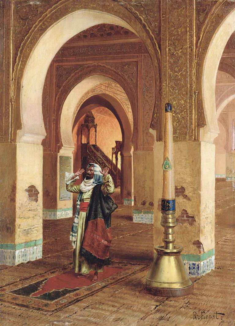 The prayer,기도,Rudolf Ernst,루돌프 에른스트,오일 페인팅,오일 페인팅, 독주, 무기, 갑옷, 서 있는, 기둥, 서명, 1남, 전통 미디어, 남성 집중, 여자 1명