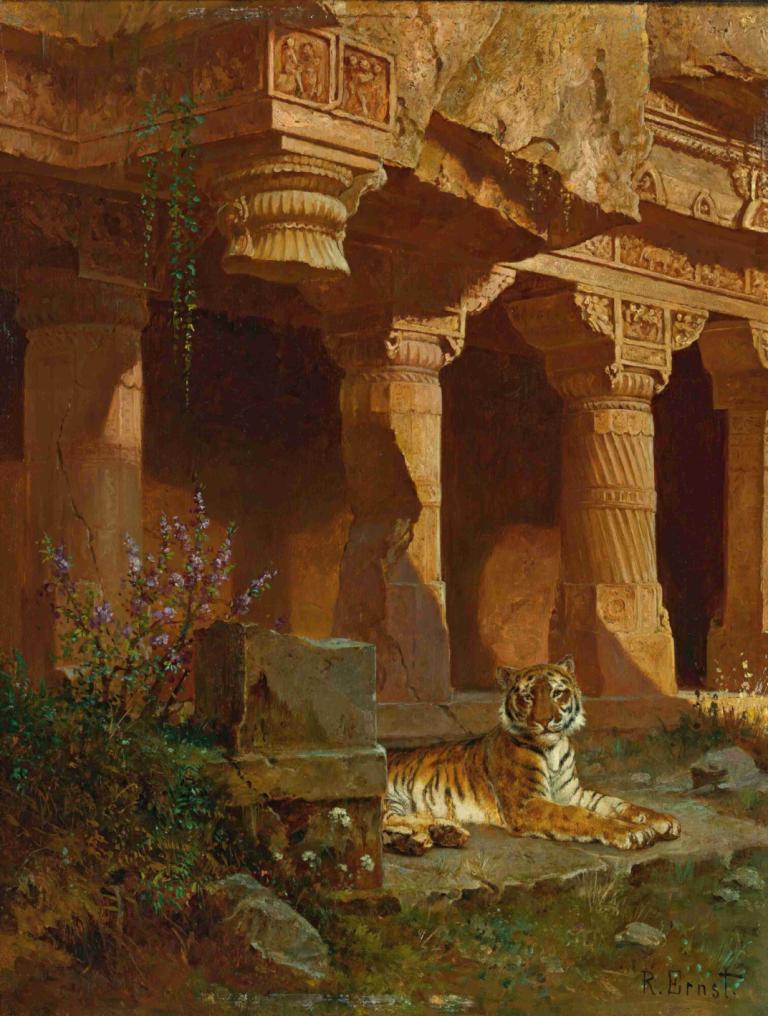 Tiger At Rest,タイガー・アット・レスト,Rudolf Ernst,ルドルフ・エルンスト,油絵,油絵, 人間がいない, 虎, 景色, 植物, 柱, 草, 屋外, 花, 像, 建築, カラム, 動物, 建物