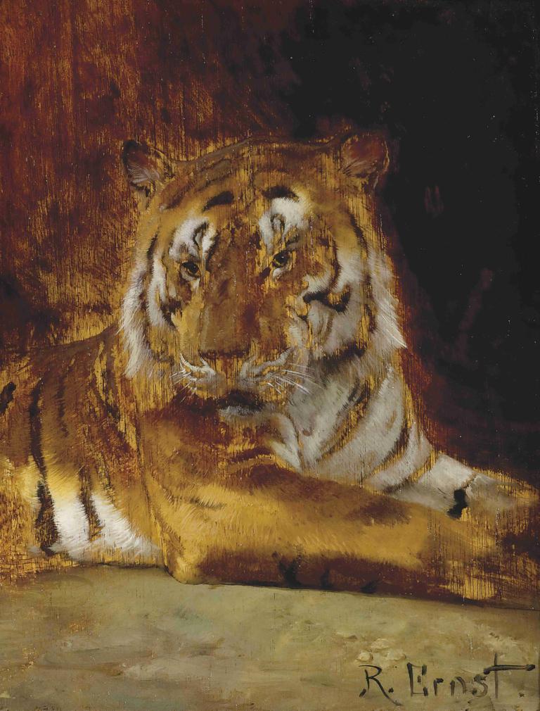 Tiger,Rudolf Ernst,루돌프 에른스트,오일 페인팅,오일 페인팅, 호랑이, 인간은 없어, 현실적인, 전통 미디어, 동물, 미술 패러디, 동물 중심