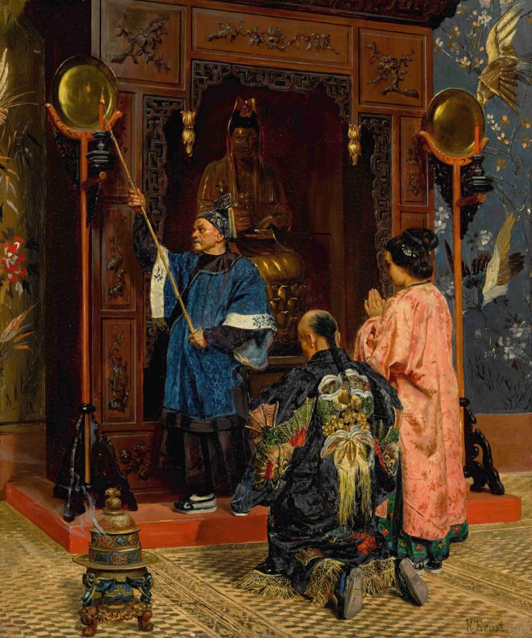 Worshippers At A Buddhist Shrine,Tilbedere ved en buddhistisk helligdom,Rudolf Ernst,Oliemaleri,Oliemaleri