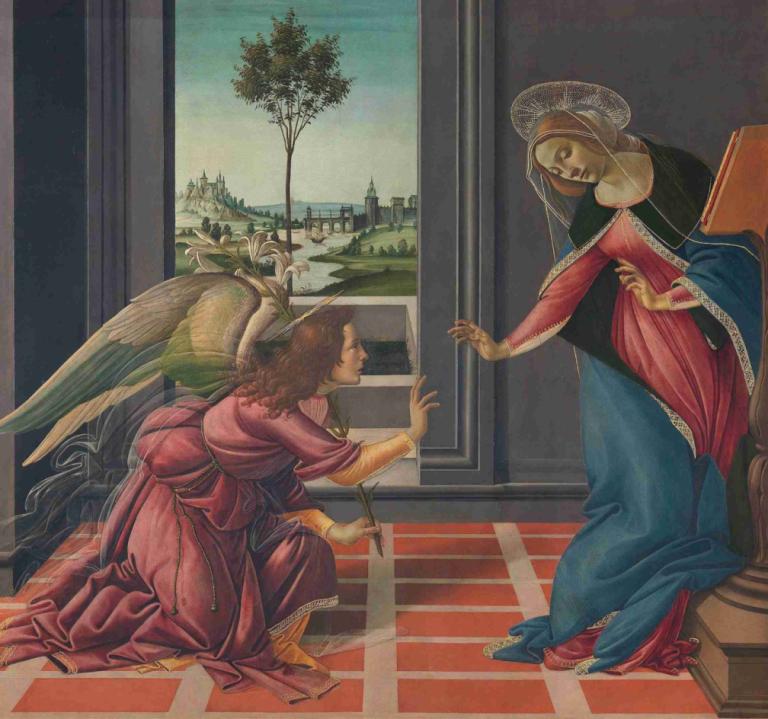 Annunciation,Sandro Botticelli,Oil Painting,Oil Painting, dress, fine art parody, bird, multiple girls