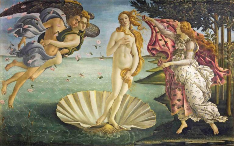 Birth Of Venus,Sandro Botticelli,Oil Painting,Oil Painting, fine art parody, parody, multiple girls, barefoot