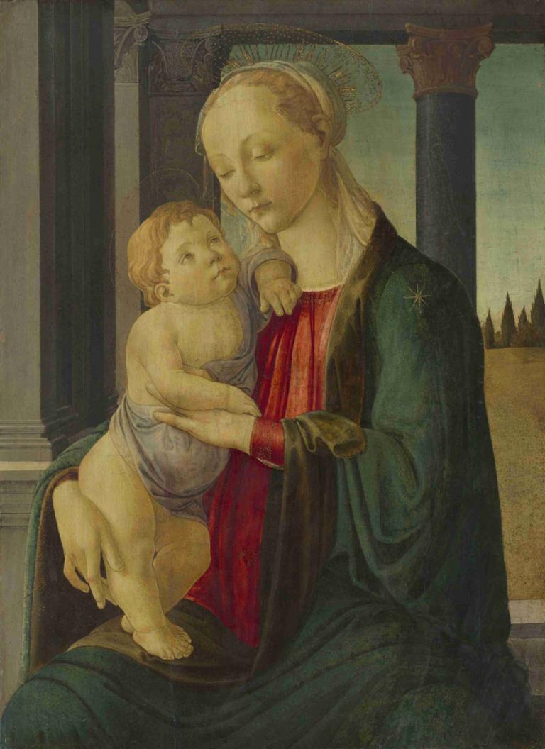 Madonna and Child,Sandro Botticelli,Oil Painting,Oil Painting, fine art parody, baby, multiple boys, pillar