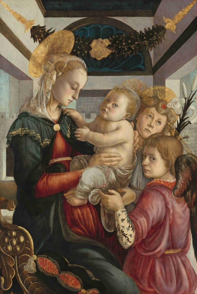 Madonna and Child with Angels,麥當娜與天使之子,Sandro Botticelli,桑德羅·波提切利,油畫,油畫, 美術模仿, 嬰兒, 戲仿, 多個男孩, 孩子, 刺青, 在室內, 實際的