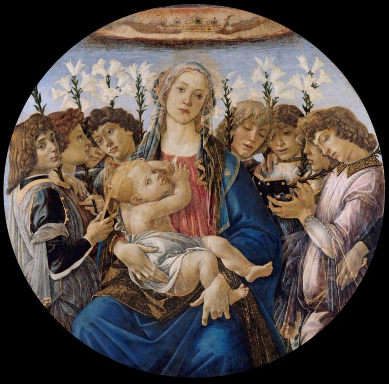 Mary with the Child and Singing Angels,Maria med barnet og syngende engler,Sandro Botticelli,Oljemaleri