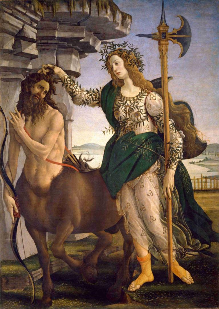 Pallas And The Centaur,Sandro Botticelli,Oil Painting,Oil Painting, fine art parody, 1girl, weapon, polearm