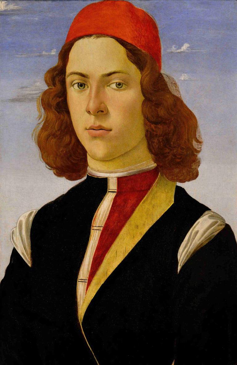 Portrait d'un jeune homme,青年の肖像,Sandro Botticelli,サンドロ・ボッティチェッリ,油絵,油絵, ソロ, 現実的な, 茶髪, 従来のメディア, 帽子, 1女の子, 空