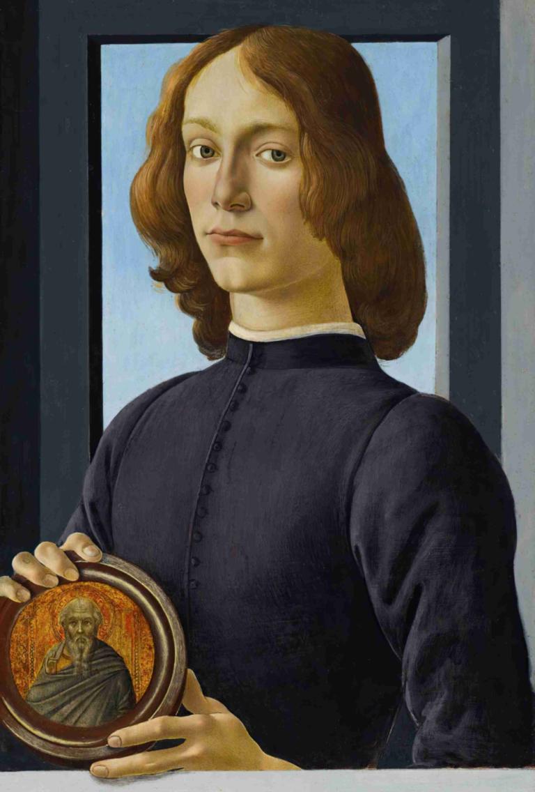 Portrait of a young man holding a roundel,丸印を持つ青年の肖像,Sandro Botticelli,サンドロ・ボッティチェッリ,油絵,油絵, 茶髪, ソロ, 美術パロディ