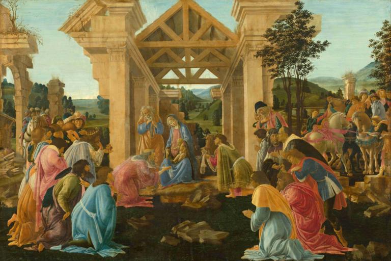 The Adoration Of The Magi,Sandro Botticelli,Oil Painting,Oil Painting, multiple boys, multiple girls, tree