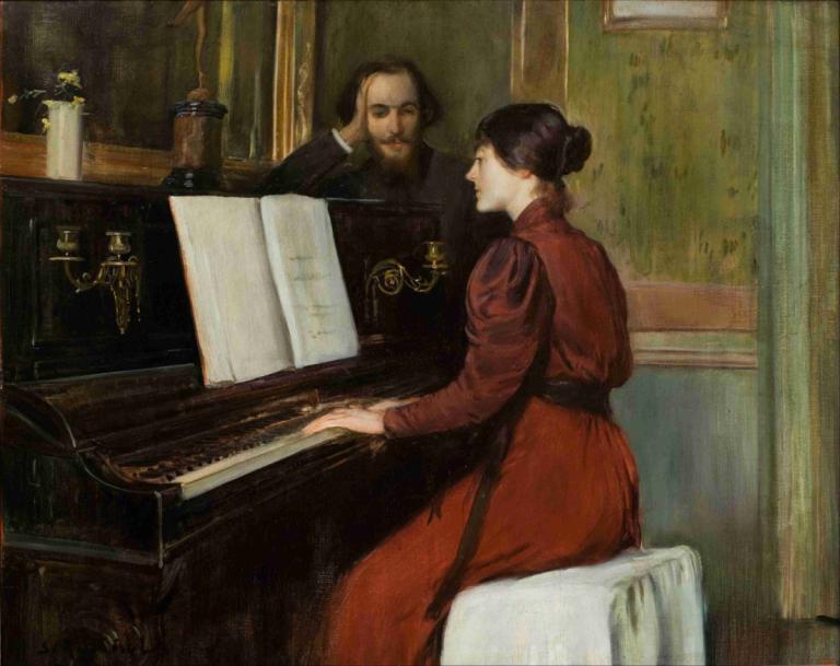 A Romance,Santiago Rusiñol,Oil Painting,Oil Painting, 1girl, instrument, piano, fine art parody, 1boy