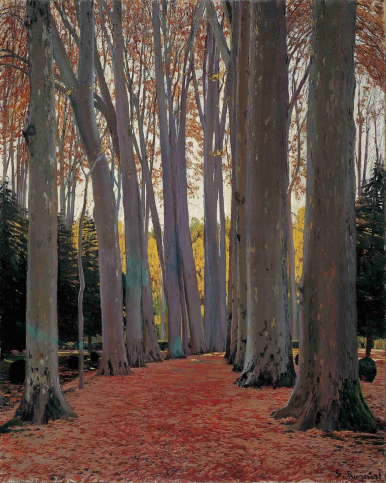 Avenue of Plane Trees,Santiago Rusiñol,Oil Painting,Oil Painting, no humans, tree, outdoors, scenery