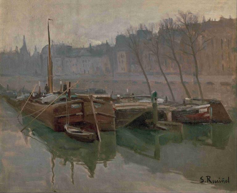 Boats on the Seine,Seine Nehri üzerinde tekneler,Santiago Rusiñol,Yağlı boya,Yağlı boya, ağaç, manzara