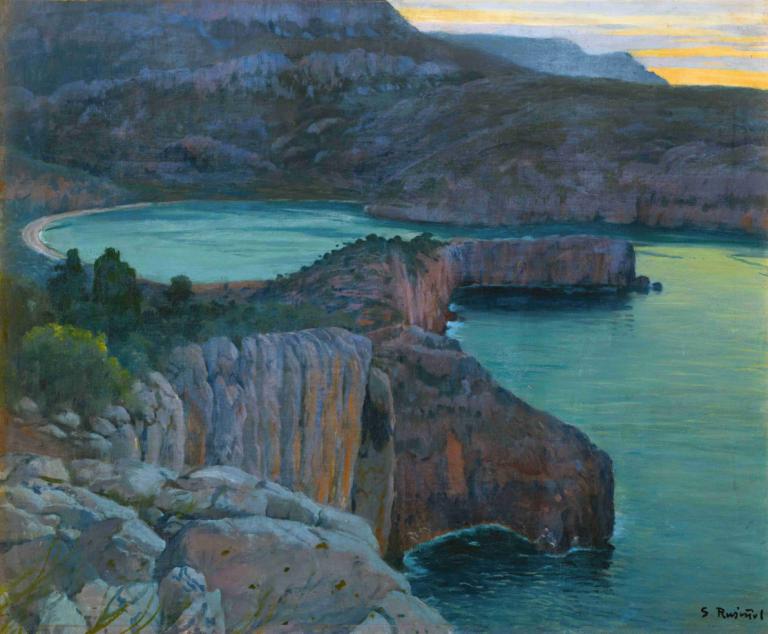 Cala Grisa,Santiago Rusiñol,Oil Painting,Oil Painting, no humans, scenery, outdoors, water, traditional media