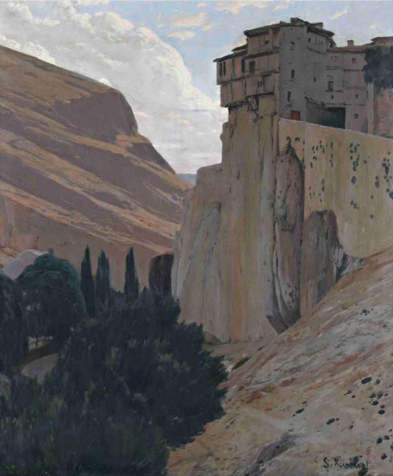 Casas Colgantes, Cuenca [The Hanging Houses, Cuenca],Santiago Rusiñol,Oil Painting,Oil Painting, no humans