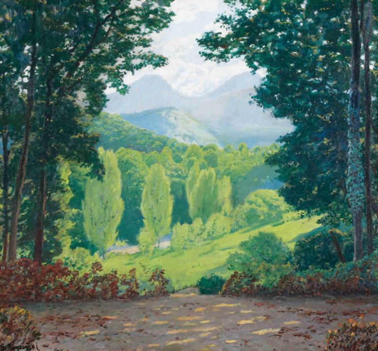 El Montseny,Santiago Rusiñol,Oljna slika,Oljna slika, kulisa, brez ljudi, na prostem, narave, drevo, gozd