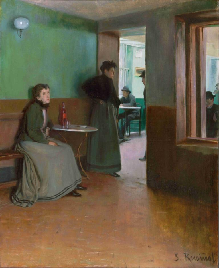 Interior Of A Café,Bir Kafenin İç Mekanı,Santiago Rusiñol,Yağlı boya,Yağlı boya, oturma, şişe