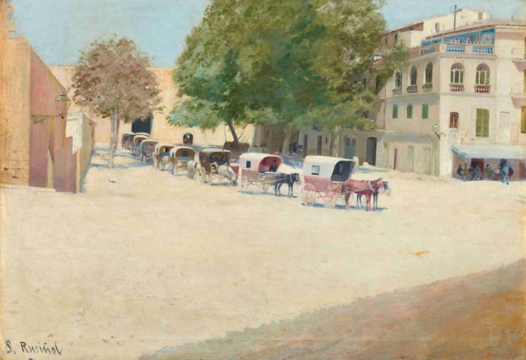 Paseo De Mallorca,Santiago Rusiñol,Lukisan cat minyak,Lukisan cat minyak, pohon, di luar rumah